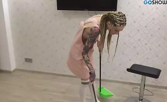 Riding a Dildo in Tattooed Stockings and Socks on the Kitchen Counter